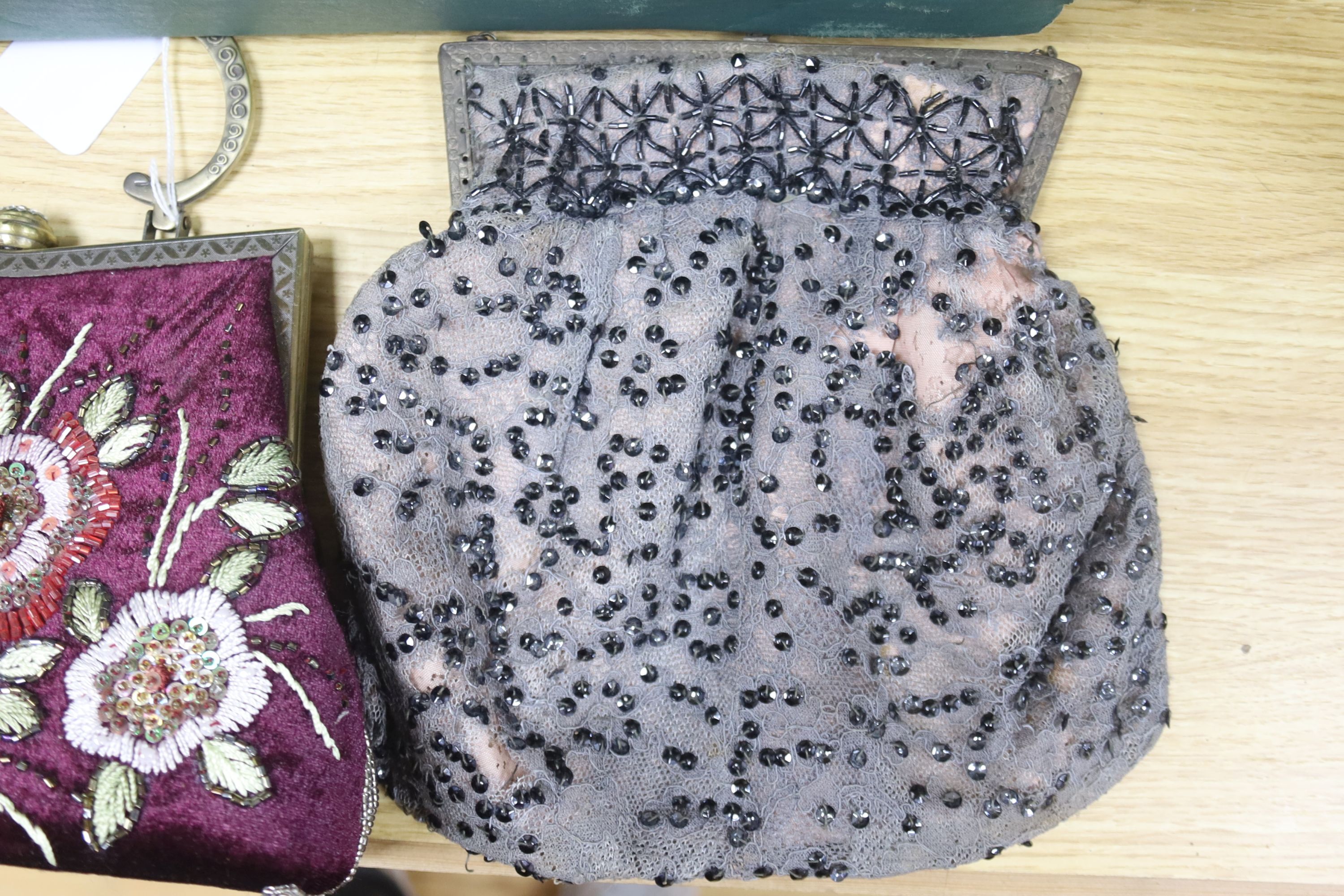 Two beaded evening bags, lace collars, a sequin evening bag, collection of lace edging and handkerchiefs